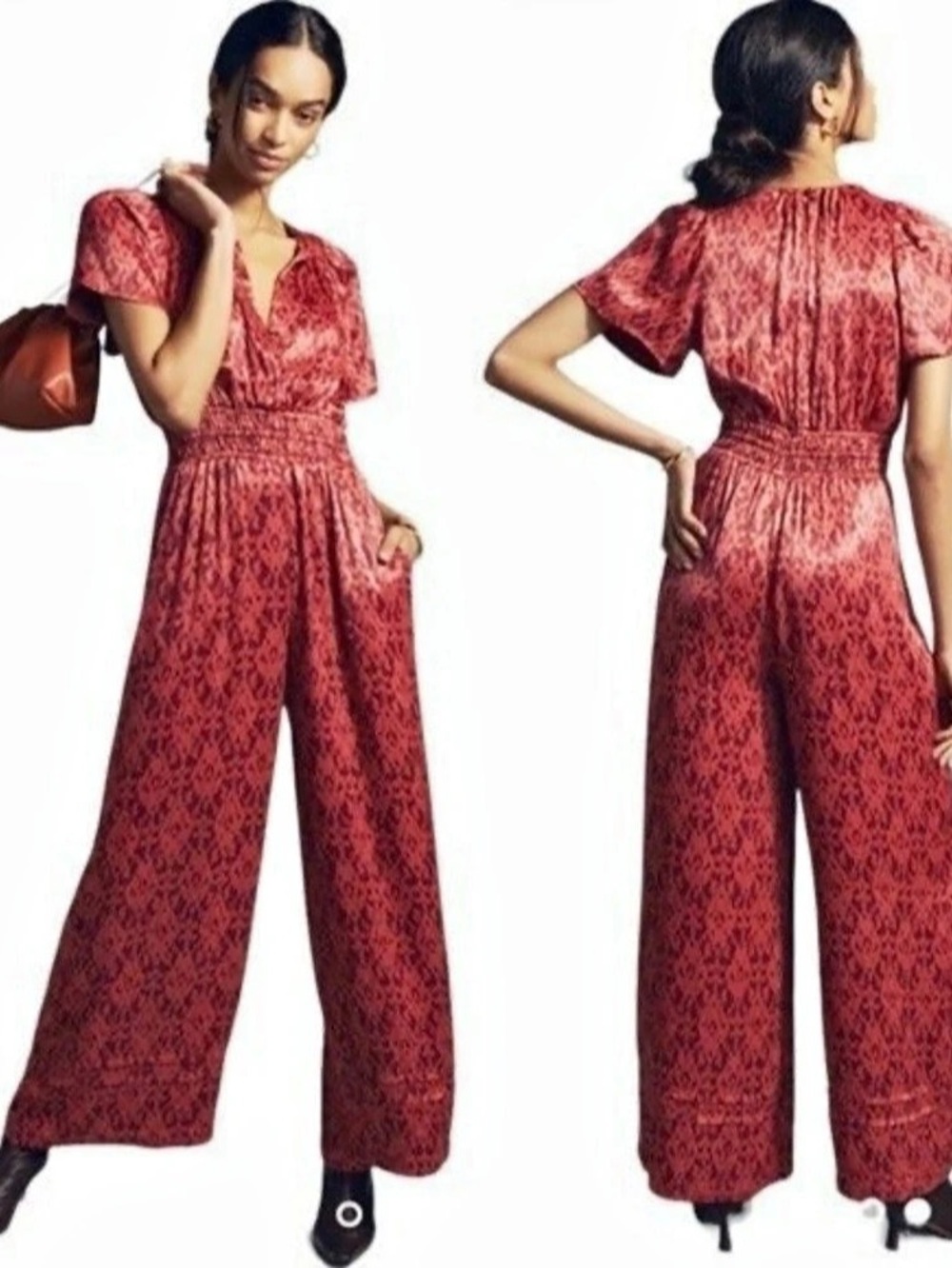 Anthropologie The Somerset Jumpsuit Abstract Print Dark Red and Burnt Orange S